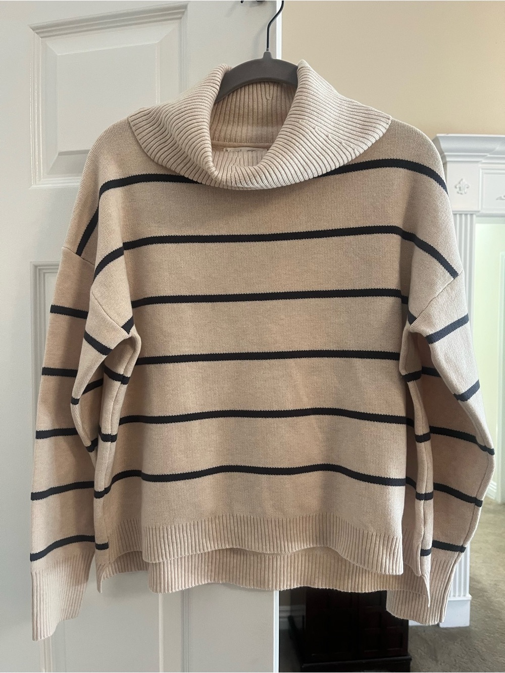 BeCool Striped Beige Cowl Neck Sweater